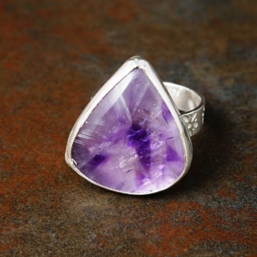 Handcrafted sterling silver bezel set teardrop tripache amethyst ring