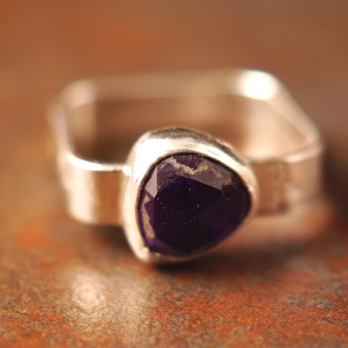 Handcrafted Trillion Amethyst Square Sterling Silver Ring 03