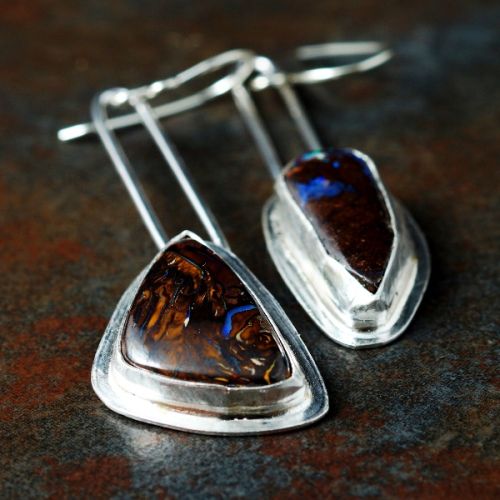 Handcrafted bezel set sterling silver Asymmetric 
Boulder Opal dangle earrings 01