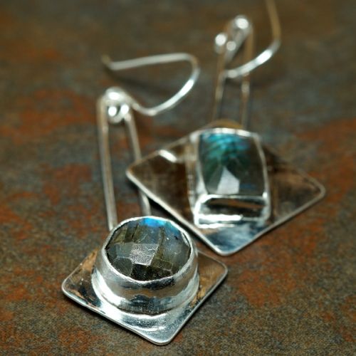 Handcrafted asymmetric sterling silver bezel set faceted round and rectangular Labradorite earrings
