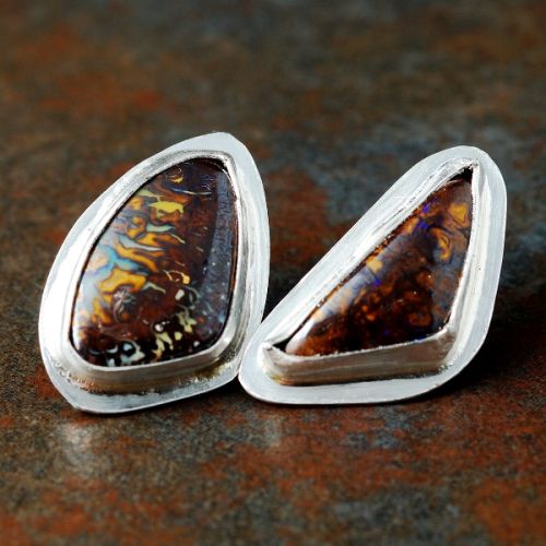 Handcrafted bezel set sterling silver Asymmetric 
Boulder Opal studs 01