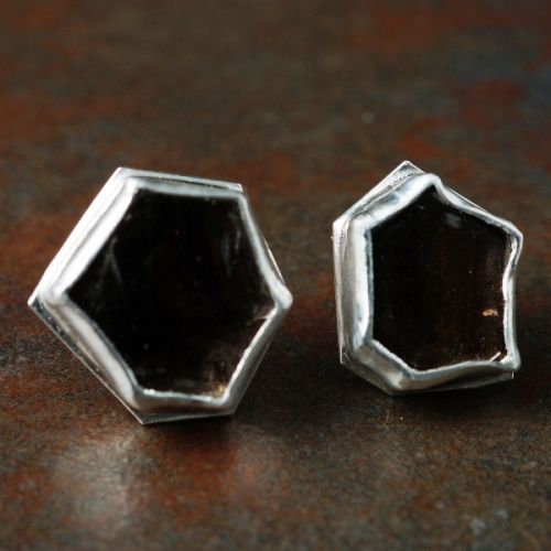 Handcrafted bezel set sterling silver Asymmetric 
Smokey Quartz slice studs 01