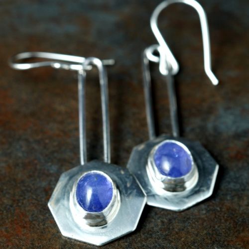 Handcrafted sterling silver bezel set hexagonal tanzanite earrings 01