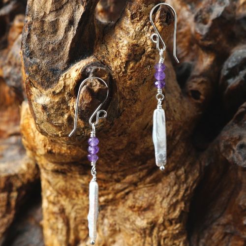 Handmade sterling silver wire wrapped Amethyst ivory biwa stick freshwater pearl dangle Earrings 