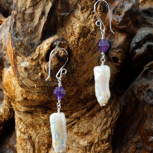 Handcrafted sterling silver wire wrapped Amethyst Ivory Baroque Freshwater Pearl Earrings 01