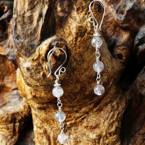 Handmade sterling silver wire wrapped Dot Quartz dangle earrings 01 full view