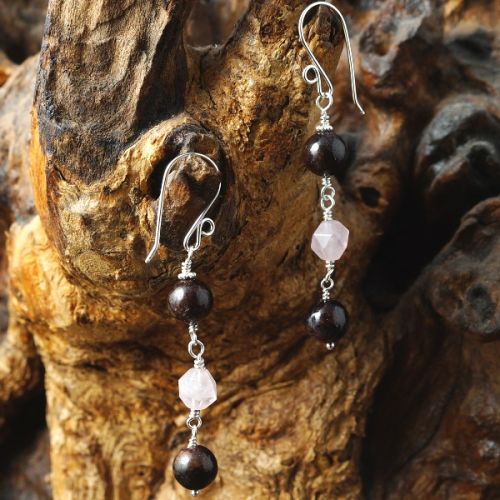 Handmade sterling silver wire wrapped Garnet faceted Rose Quartz diamond Dangle Earrings 01