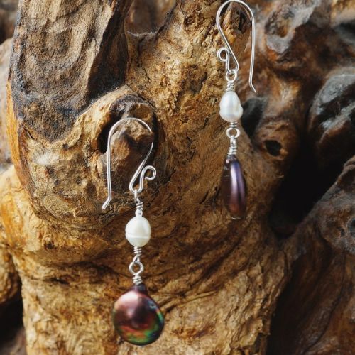 Handcrafted sterling silver wire wrapped Ivory and Peacock Baroque Freshwater Pearl Dangle Earrings 