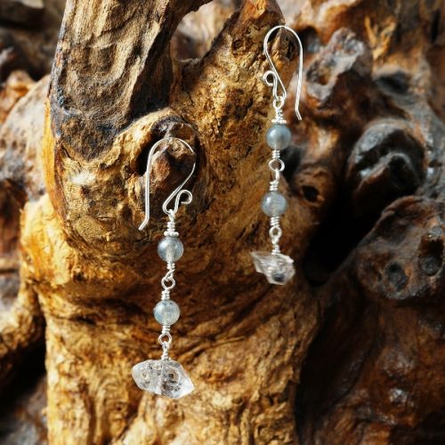 Handmade sterling silver wire wrapped Labradorite Herkimer Diamond dangle earrings 01