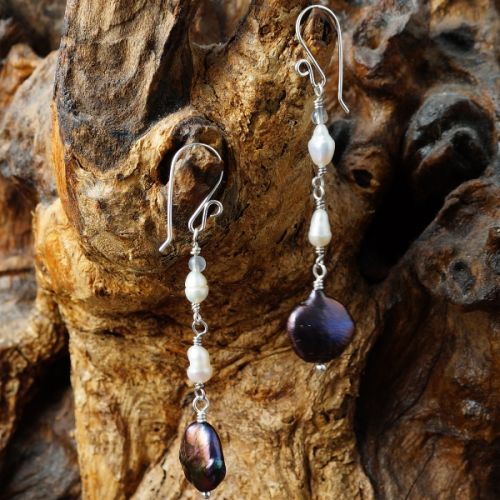 Handcrafted sterling silver wire wrapped Labradorite Peacock Baroque Freshwater Pearl Earrings 