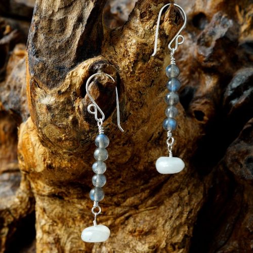 Handmade sterlog silver wire wrapped Labradorite Rainbow Moonstone Dangle Earrings 02