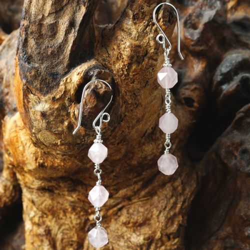 Handmade sterling silver wire wrapped facetec Rose Quartz diamond Dangle Earrings 01