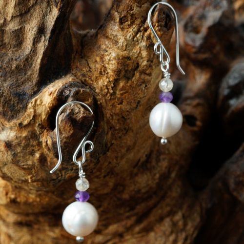 Handcrafted sterling silver wire wrapped Citrine Amethyst Ivory Freshwater Pearl Earrings 01