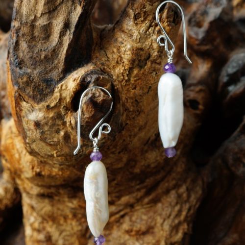 Handcrafted sterling silver wire wrapped Amethyst Ivory Baroque Freshwater Pearl Earrings 01