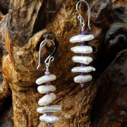 Handcrafted sterling silver wire wrapped Stacked Amethyst Ivory Baroque Freshwater Pearl Earrings 01