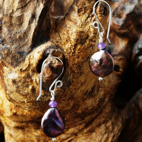 Handcrafted sterling silver wire wrapped Amethyst Peacock Baroque Freshwater Pearl Earrings 01