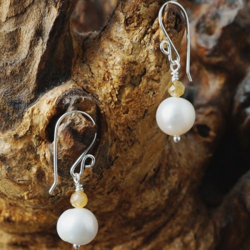 Handcrafted sterling silver wire wrapped Citrine Ivory Freshwater Pearl Earrings 01