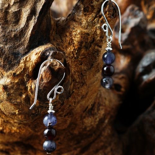 Handmade sterling silver wire wrapped stacked Iolite Garnet Earrings 02