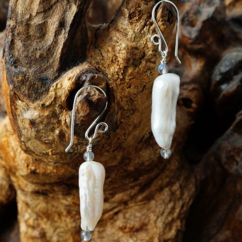 Handcrafted sterling silver wire wrapped Labradorite Ivory Baroque Freshwater Pearl Earrings 02