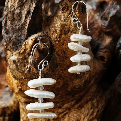 Handcrafted sterling silver wire wrapped stacked Labradorite Ivory Baroque Freshwater Pearl Earrings