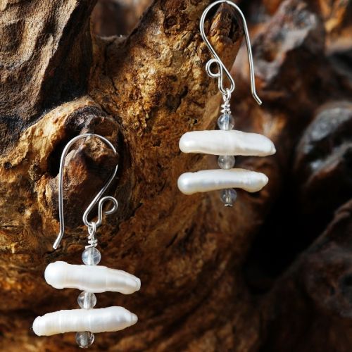 Handcrafted sterling silver wire wrapped staked Labradorite Ivory Baroque Freshwater Pearl Earrings 