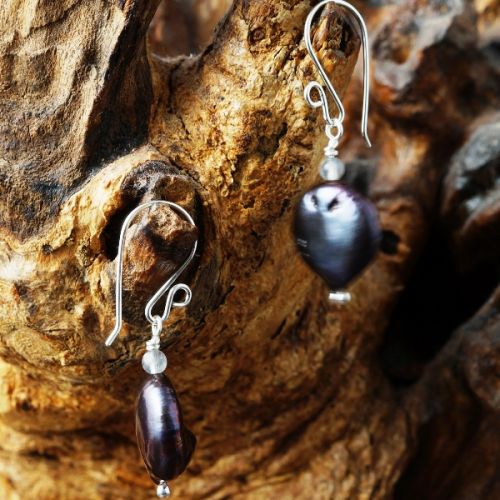 Handcrafted sterling silver wire wrapped Labradorite Peacock Baroque Freshwater Pearl Earrings 