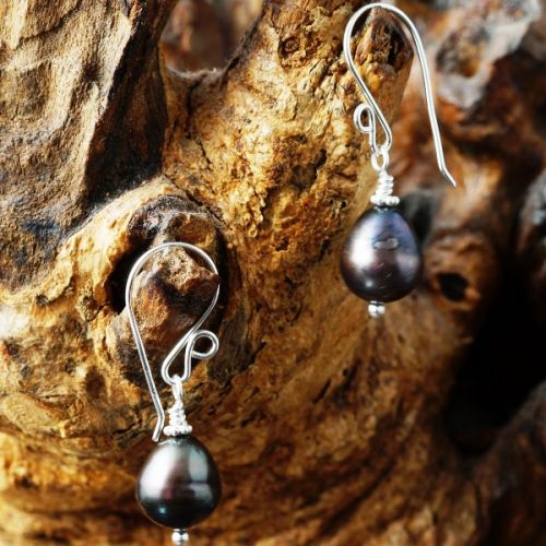 Handcrafted sterling silver wire wrapped Teardrop Peacock Baroque Freshwater Pearl Earrings 01