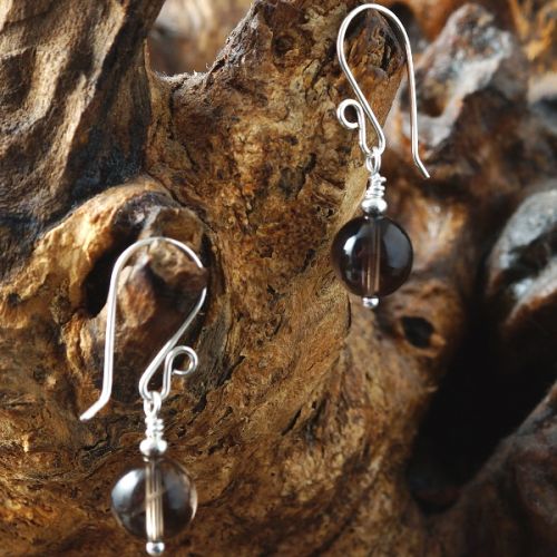 Handmade sterling silver wire wrapped round Smokey Quartz Earrings 01 Full View