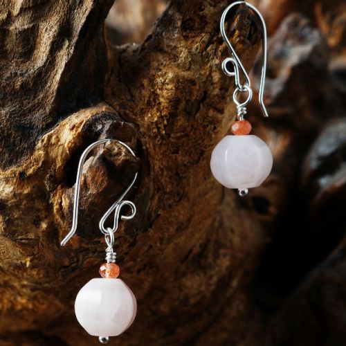 Handmade sterling silver wire wrapped faceted Sunstone Pumpkin Rose Quartz Earrings 01