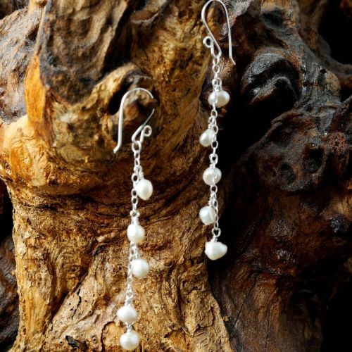 Handcrafted sterling silver wire wrapped Waterfall Ivory Baroque Freshwater Pearl Earrings 01