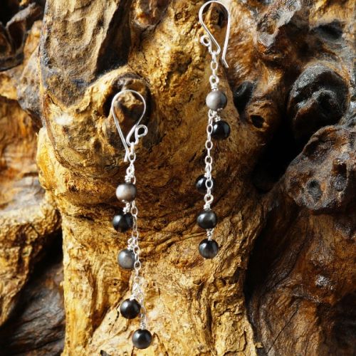 Handcrafted sterling silver wire wrapped Silver Sheen Obsidian Waterfall Earrings 01